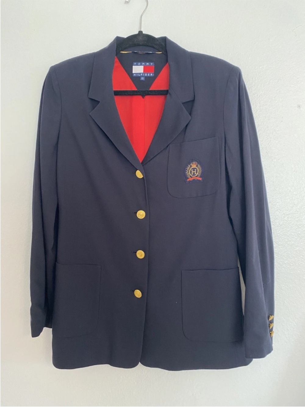 Tommy Hilfiger Women Blazer Crest Wool Blend 4 gold button Lined Sz 10 Academia